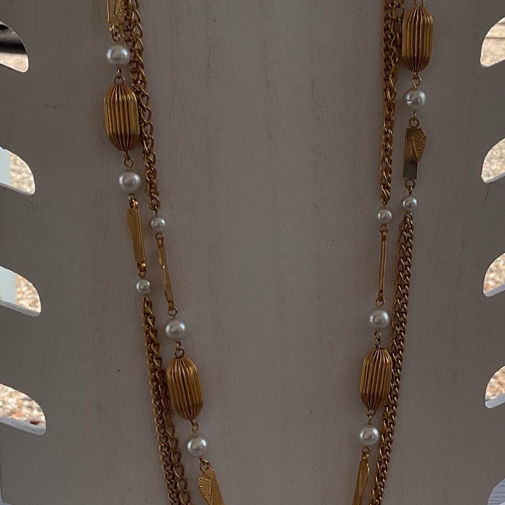 Goldtone Chain Faux Pearl Necklace 55” long